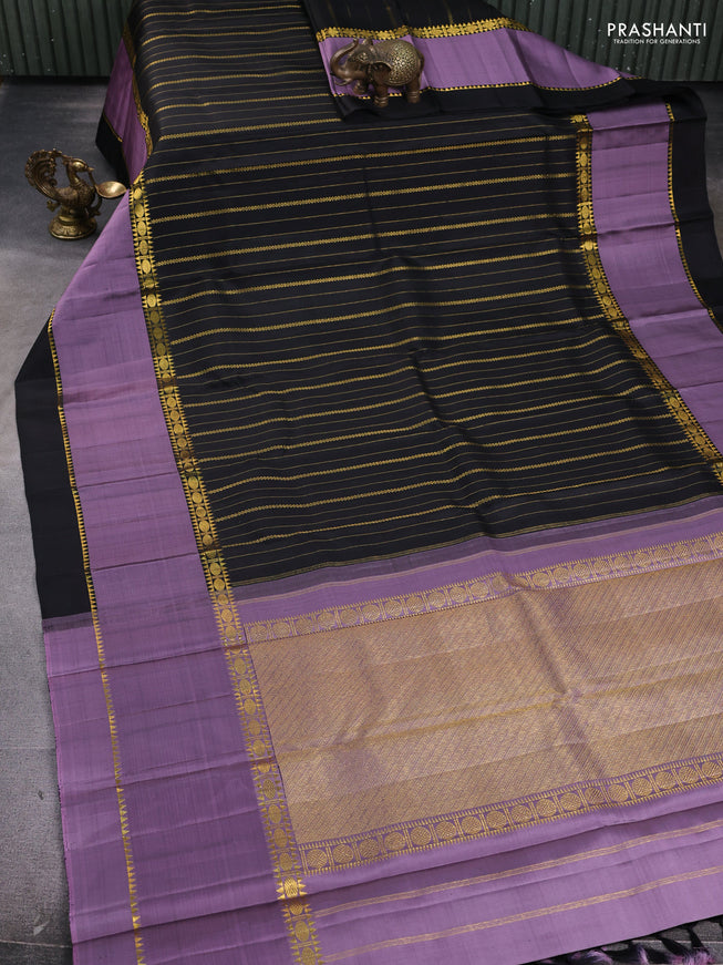 Pure kanchipuram silk saree black and pastel lavender with allover zari weaves and rettapet zari woven border