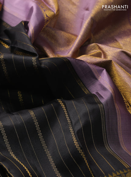 Pure kanchipuram silk saree black and pastel lavender with allover zari weaves and rettapet zari woven border