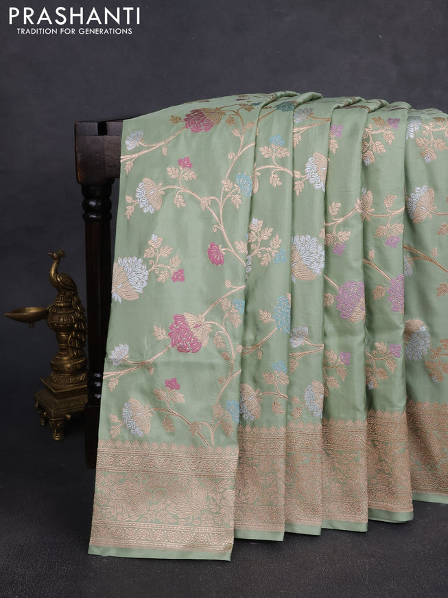 Banarasi silk saree pastel green with allover zari weaves and zari woven border