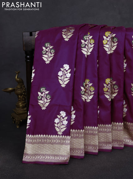 Banarasi silk saree purple with zari woven floral buttas and zari woven border