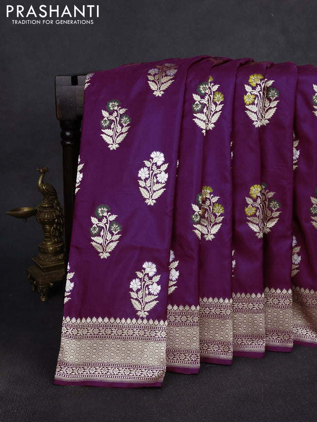 Banarasi silk saree purple with zari woven floral buttas and zari woven border