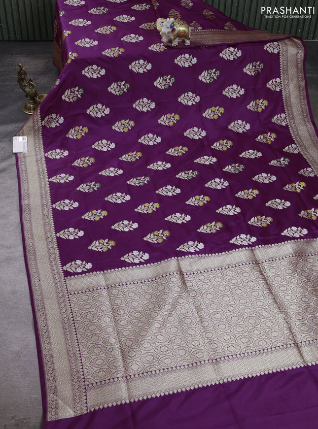 Banarasi silk saree purple with zari woven floral buttas and zari woven border
