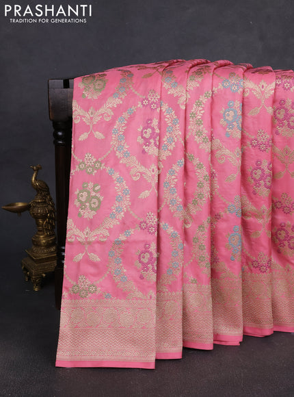 Banarasi silk saree light pink with allover zari weaves and zari woven border