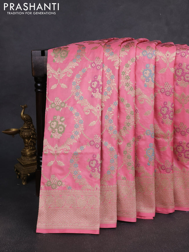 Banarasi silk saree light pink with allover zari weaves and zari woven border