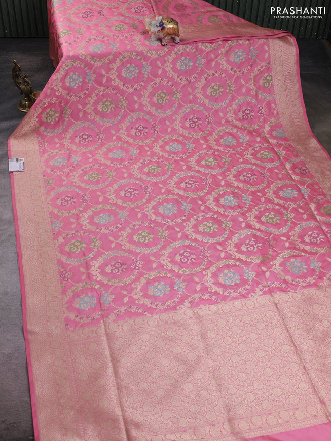 Banarasi silk saree light pink with allover zari weaves and zari woven border