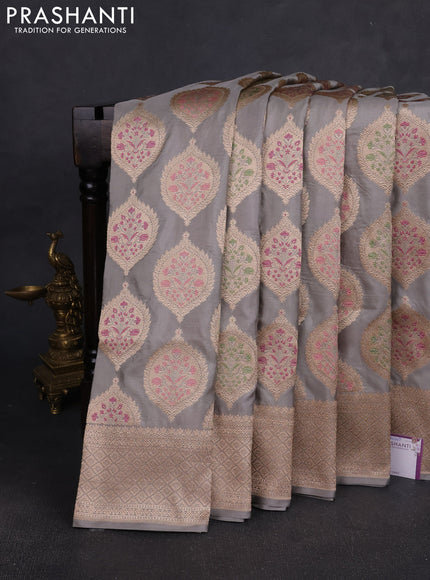 Banarasi silk saree grey with allover zari woven buttas and zari woven border