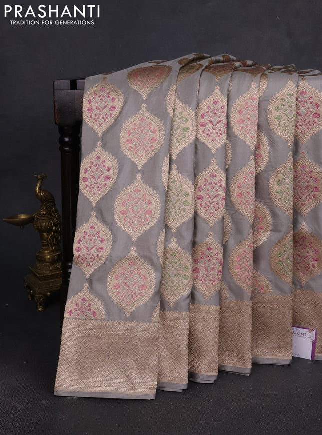 Banarasi silk saree grey with allover zari woven buttas and zari woven border
