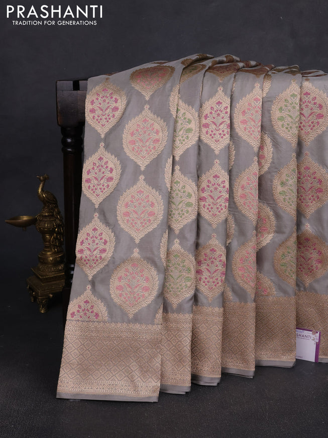 Banarasi silk saree grey with allover zari woven buttas and zari woven border