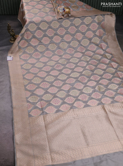 Banarasi silk saree grey with allover zari woven buttas and zari woven border