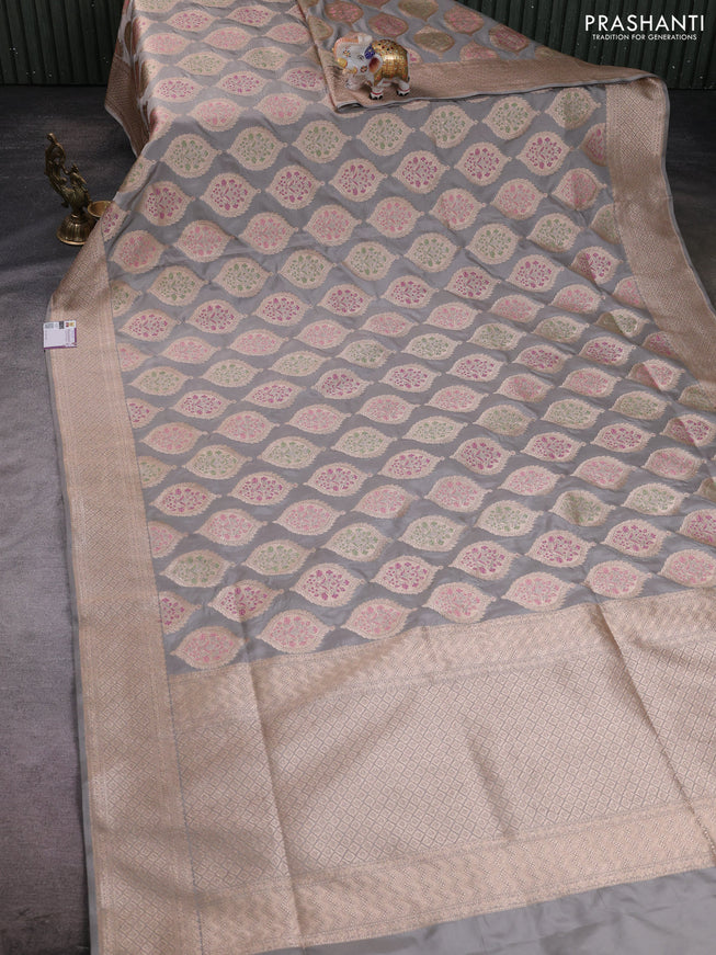 Banarasi silk saree grey with allover zari woven buttas and zari woven border