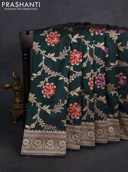 Banarasi silk saree bottle green with allover zari weaves and zari woven border