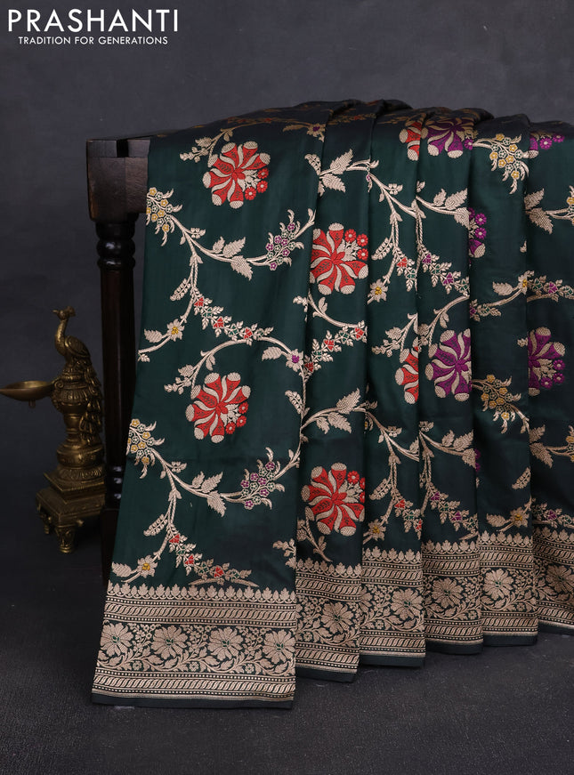 Banarasi silk saree bottle green with allover zari weaves and zari woven border
