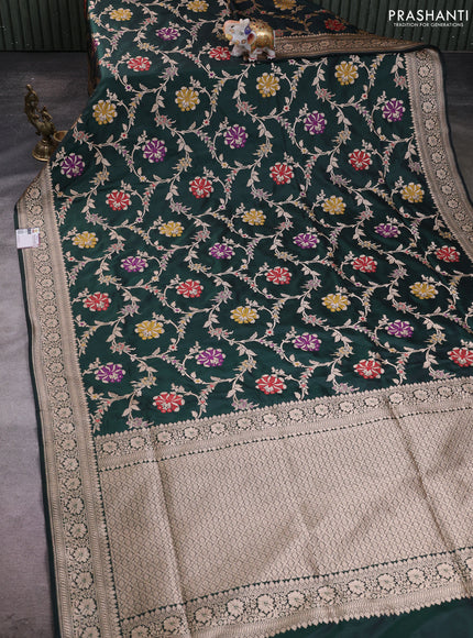 Banarasi silk saree bottle green with allover zari weaves and zari woven border