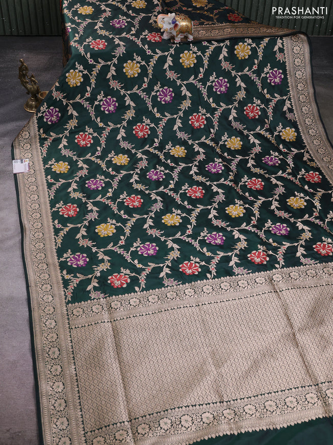 Banarasi silk saree bottle green with allover zari weaves and zari woven border