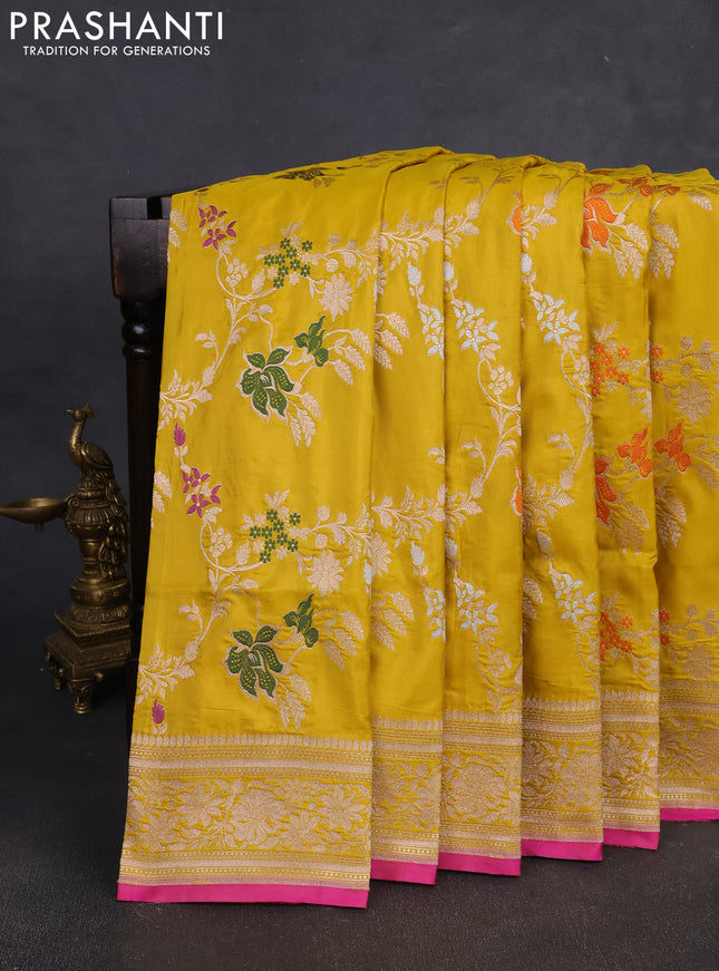 Banarasi silk saree mustard yellow with allover zari weaves and zari woven border