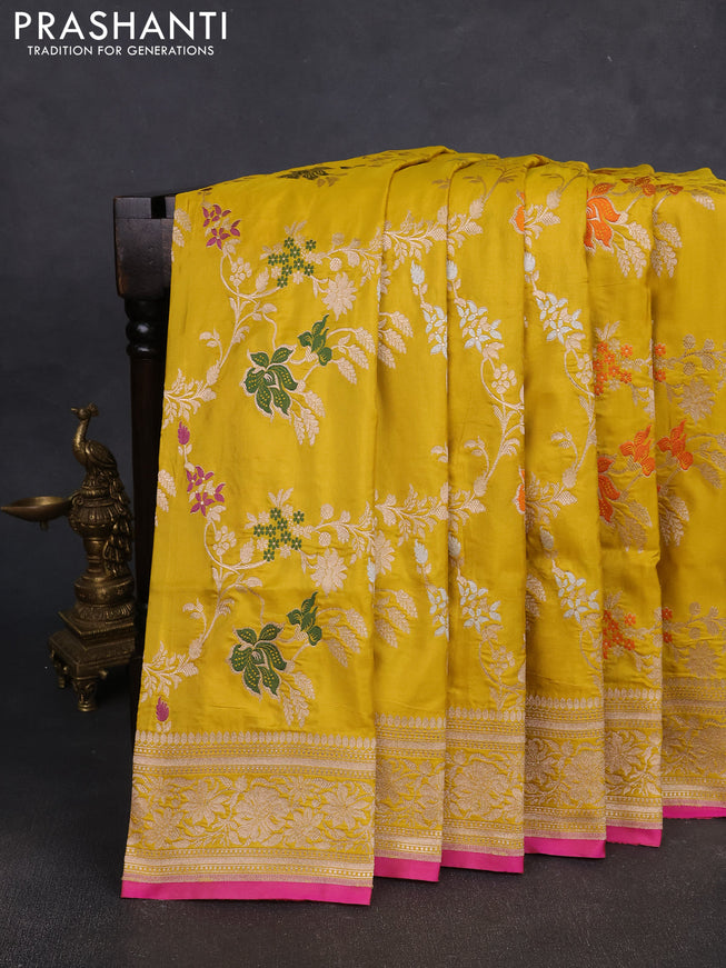 Banarasi silk saree mustard yellow with allover zari weaves and zari woven border