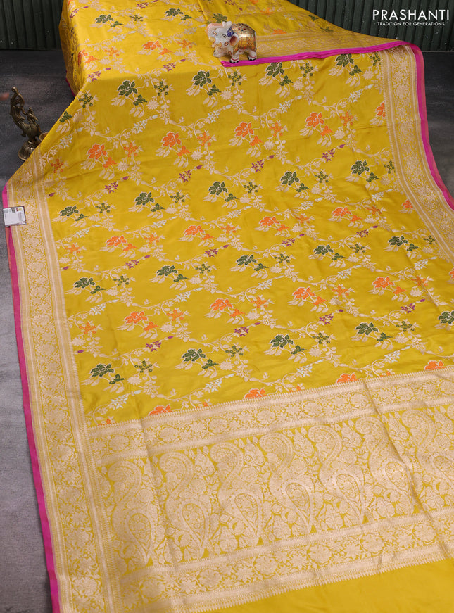 Banarasi silk saree mustard yellow with allover zari weaves and zari woven border