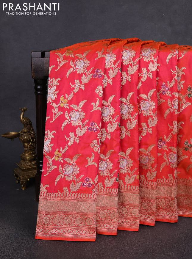 Banarasi silk saree dual shade of pinkish orange with allover zari weaves and zari woven border
