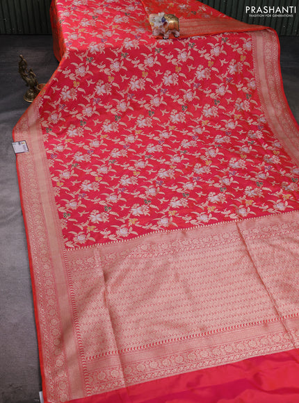 Banarasi silk saree dual shade of pinkish orange with allover zari weaves and zari woven border
