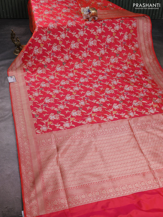 Banarasi silk saree dual shade of pinkish orange with allover zari weaves and zari woven border