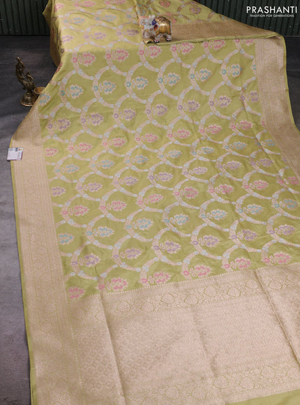 Banarasi silk saree pista green with allover zari weaves and zari woven border