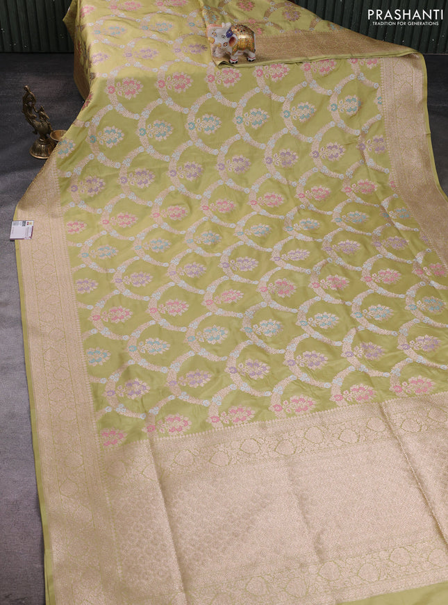 Banarasi silk saree pista green with allover zari weaves and zari woven border