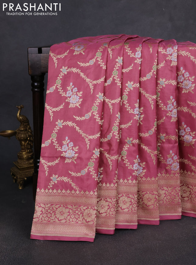 Banarasi silk saree mauve pink with allover zari weaves and zari woven border