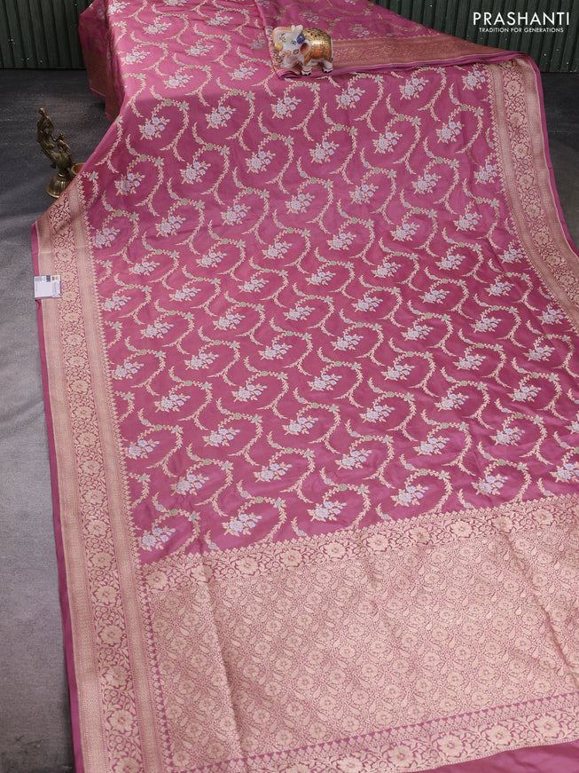 Banarasi silk saree mauve pink with allover zari weaves and zari woven border