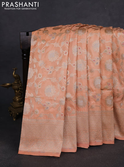 Banarasi silk saree peach orange with allover zari weaves and zari woven border