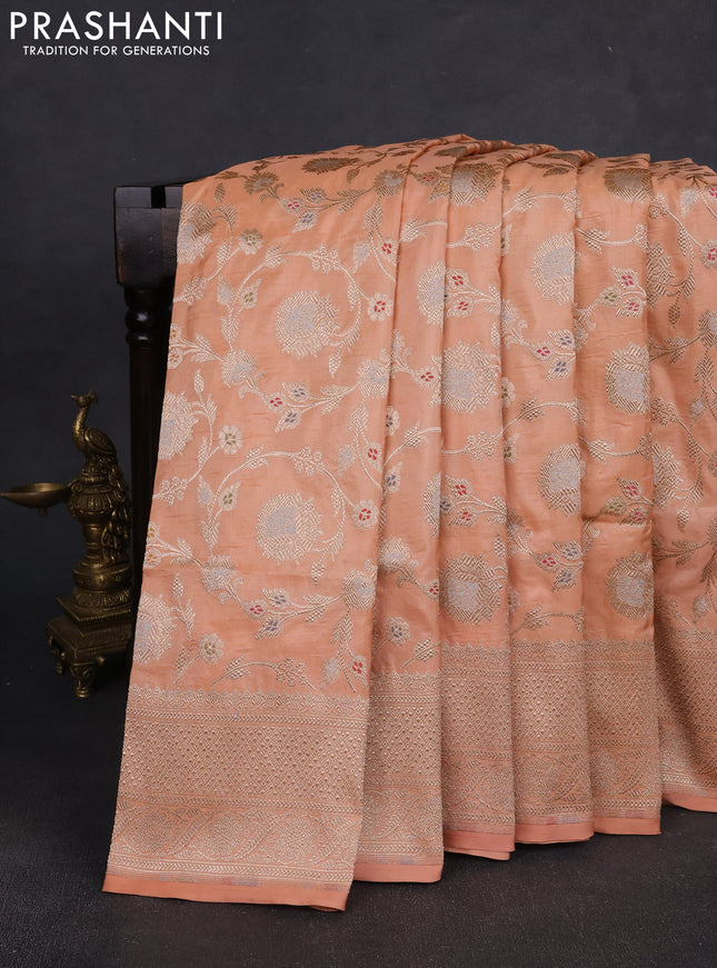 Banarasi silk saree peach orange with allover zari weaves and zari woven border