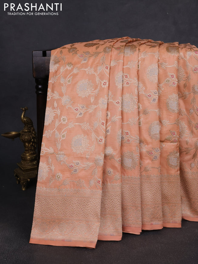 Banarasi silk saree peach orange with allover zari weaves and zari woven border