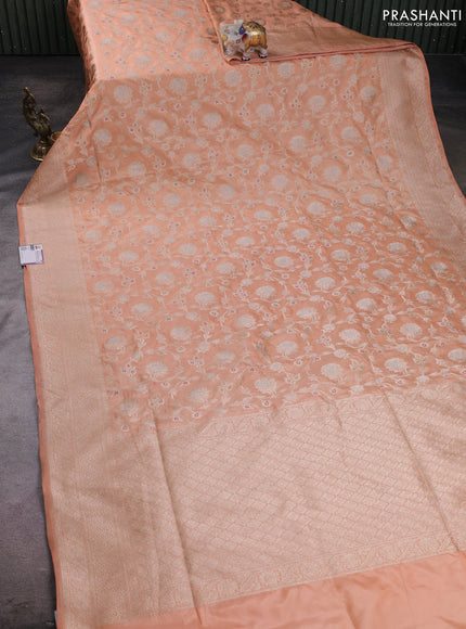 Banarasi silk saree peach orange with allover zari weaves and zari woven border