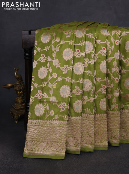 Banarasi silk saree mehendi green with allover zari weaves and zari woven border