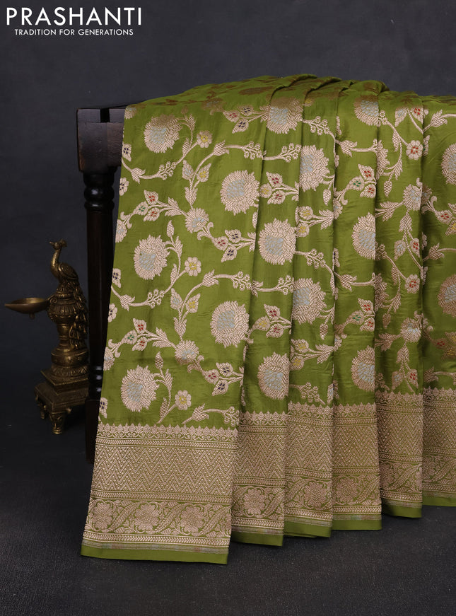 Banarasi silk saree mehendi green with allover zari weaves and zari woven border