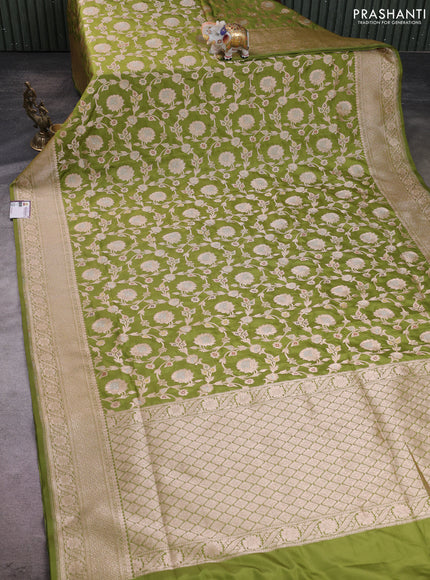 Banarasi silk saree mehendi green with allover zari weaves and zari woven border