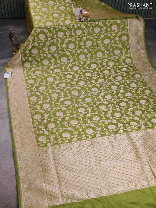 Banarasi silk saree mehendi green with allover zari weaves and zari woven border