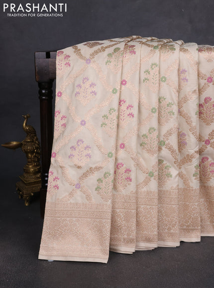Banarasi silk saree cream with allover zari weaves and zari woven border