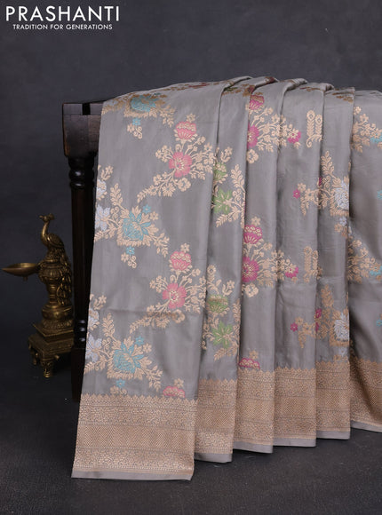 Banarasi silk saree grey with allover zari weaves and zari woven border