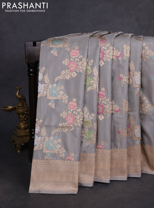 Banarasi silk saree grey with allover zari weaves and zari woven border