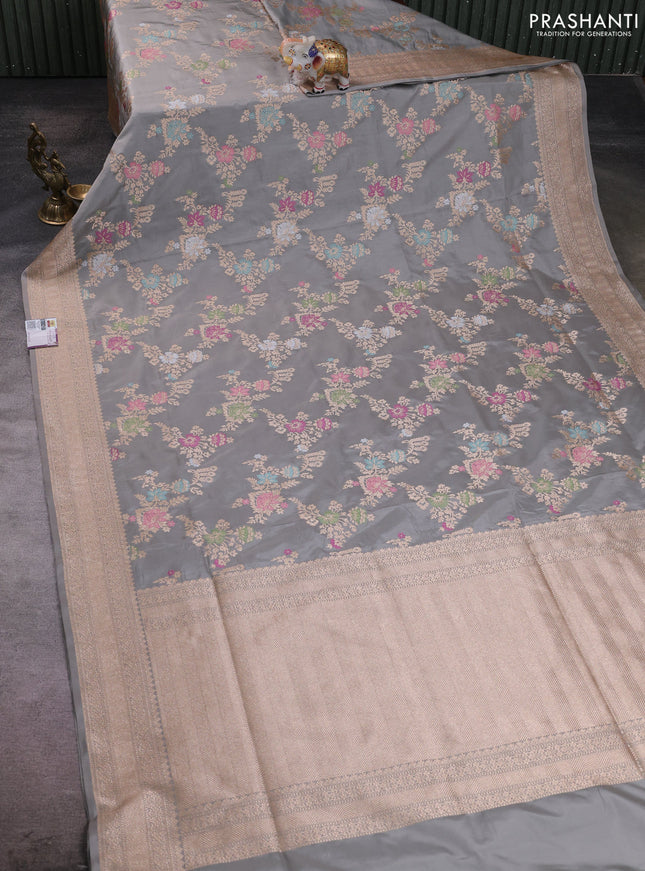 Banarasi silk saree grey with allover zari weaves and zari woven border