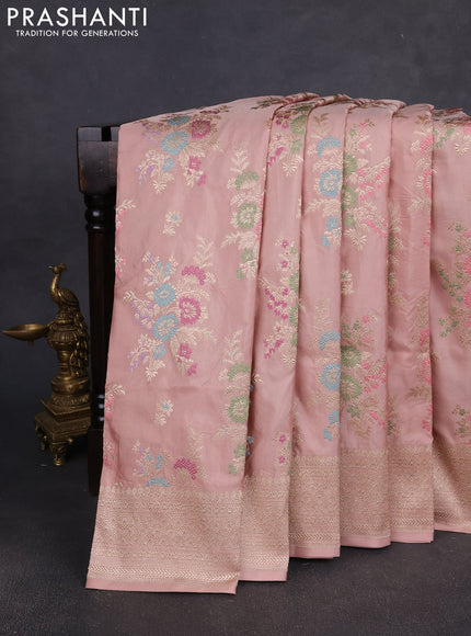Banarasi silk saree peach shade with allover zari weaves and zari woven border
