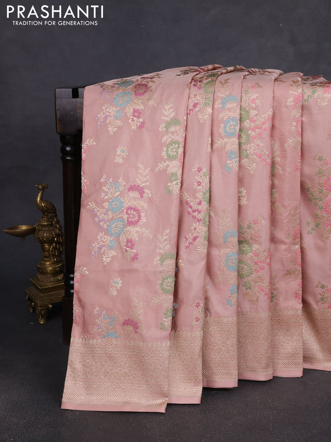 Banarasi silk saree peach shade with allover zari weaves and zari woven border