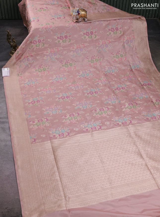 Banarasi silk saree peach shade with allover zari weaves and zari woven border