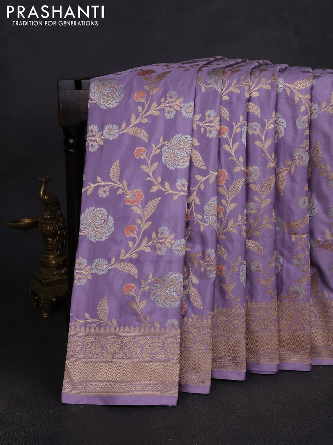 Banarasi silk saree pastel lavender with allover zari weaves and zari woven border