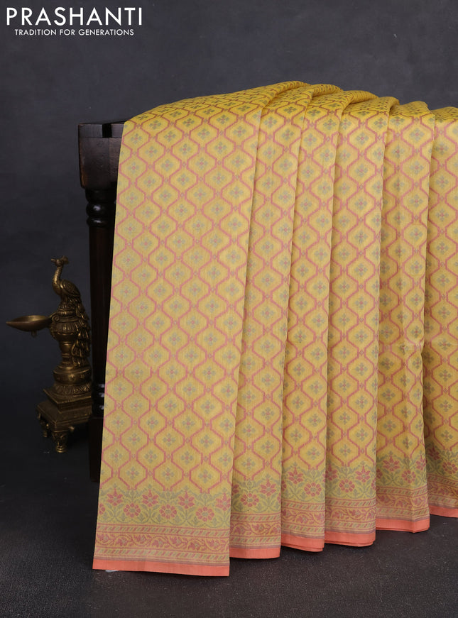 Banarasi silk cotton saree yellow with allover thread weaves and woven border