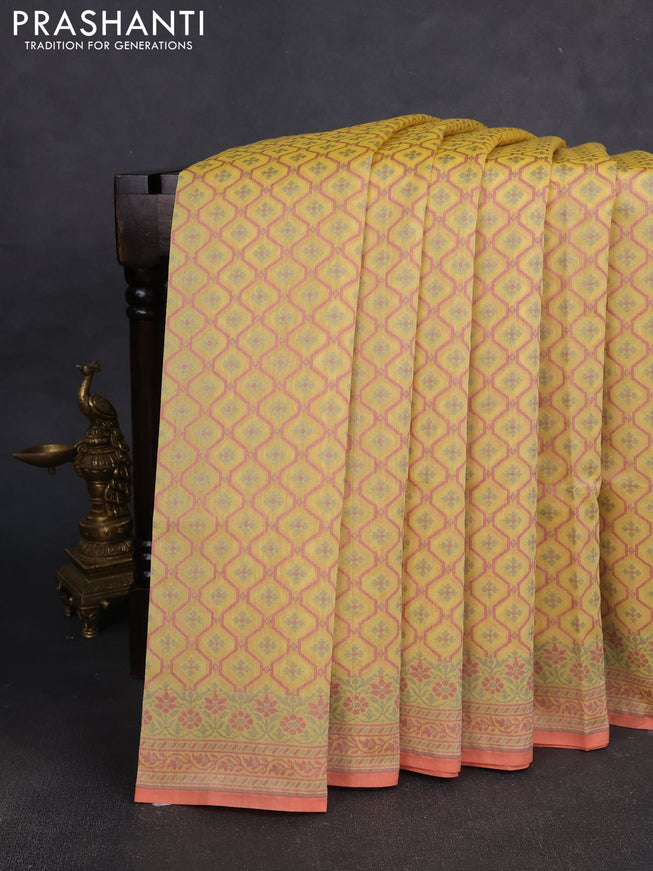 Banarasi silk cotton saree yellow with allover thread weaves and woven border