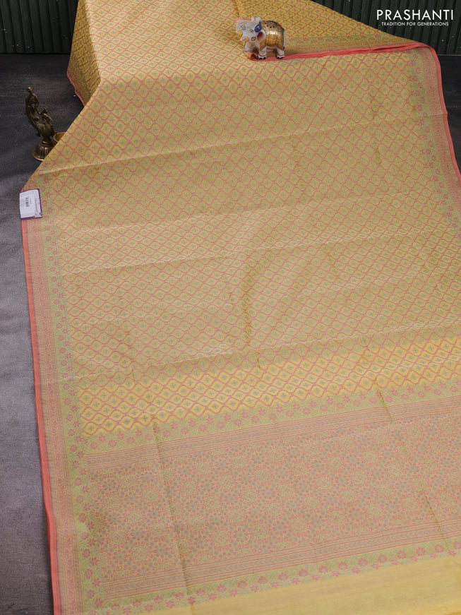 Banarasi silk cotton saree yellow with allover thread weaves and woven border