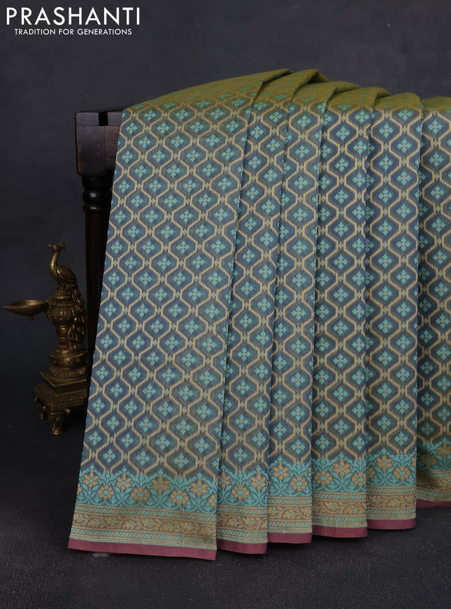 Banarasi silk cotton saree grey with allover thread weaves and woven border