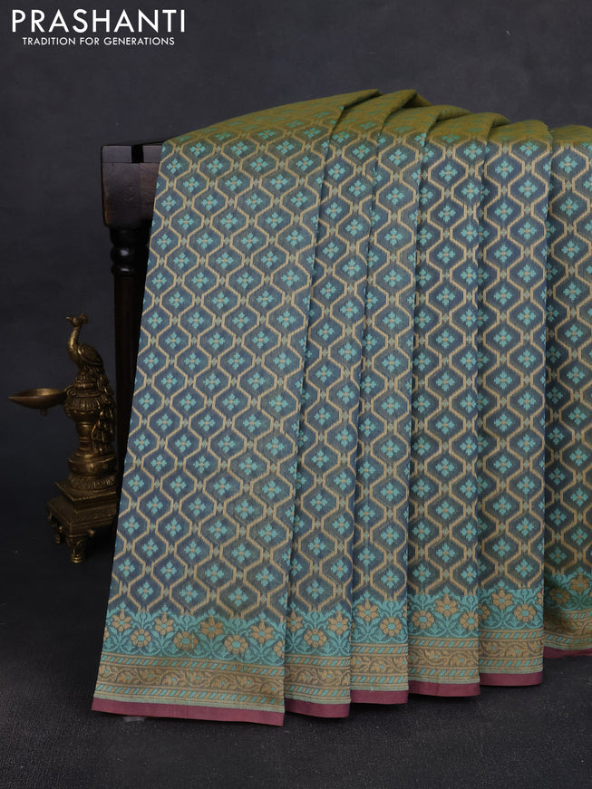 Banarasi silk cotton saree grey with allover thread weaves and woven border