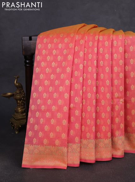 Banarasi silk cotton saree peach pink with allover thread weaves and woven border